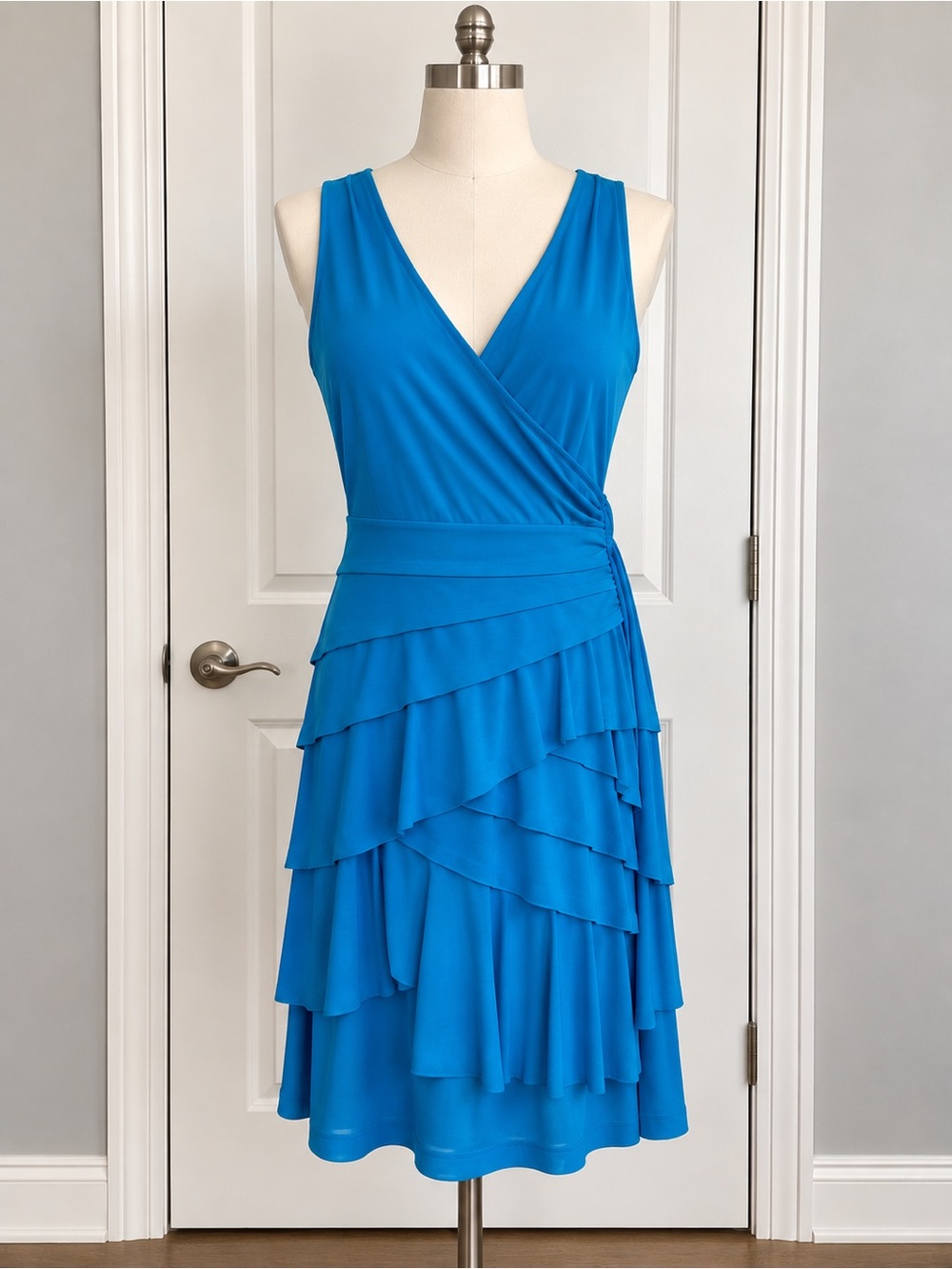 New York & Company Teal Blue V-Neck Ruffle Dress